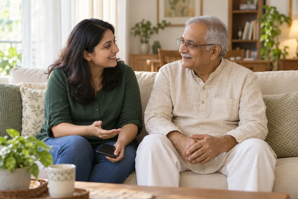 Illustrative scene of a daughter and her father talking at home