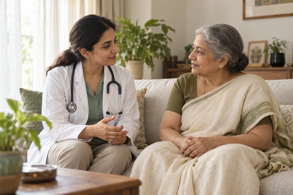 Illustrative scene of a doctor and an older woman talking during a home visit